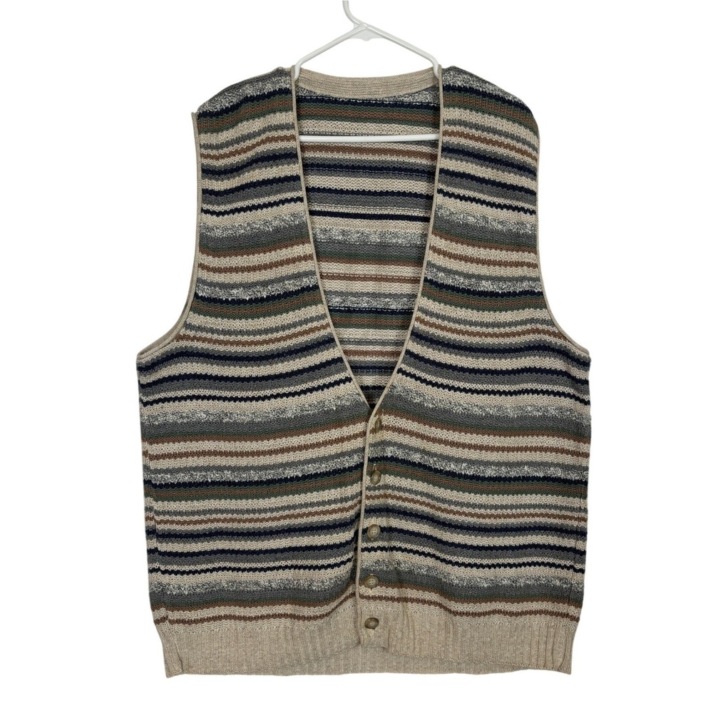 Vintage Striped Knit Sweater Vest Grandpa Core Neutral Academia Preppy Men LARGE